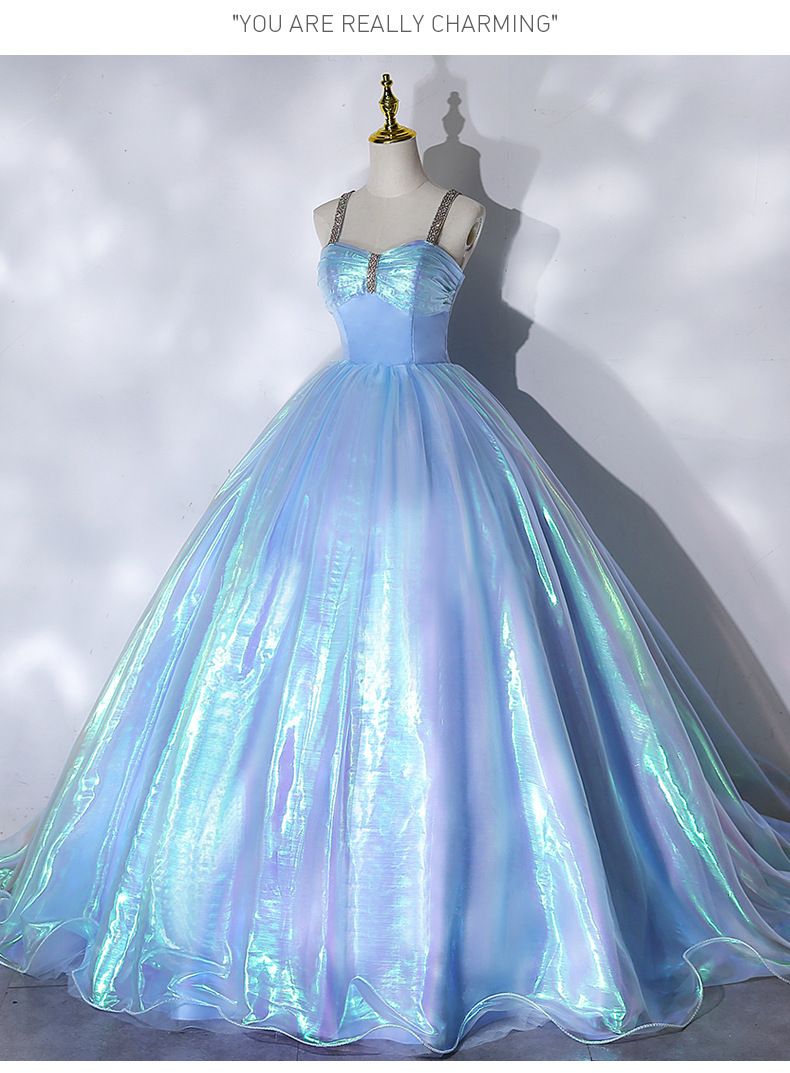 Elegante abito da ballo da principessa da donna in blu nebbia - Abito da ballo a trapezio senza spalline con allacciatura a corsetto per feste di compleanno, recital vocale_voghion.com