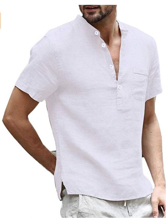 Men's Summer New Hot-selling Cotton And Linen Short-sleeved Men's T-shirts Stand-up Collar Buttoned Half- Placket Simple Short-sleeved Shirt_voghion.com