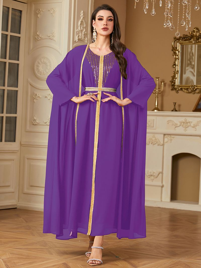 Vêtements pour femmes transfrontaliers du Moyen-Orient Robe arabe Mode paillettes broderie mousseline de soie deux pièces robe Europe et Amérique_voghion.com