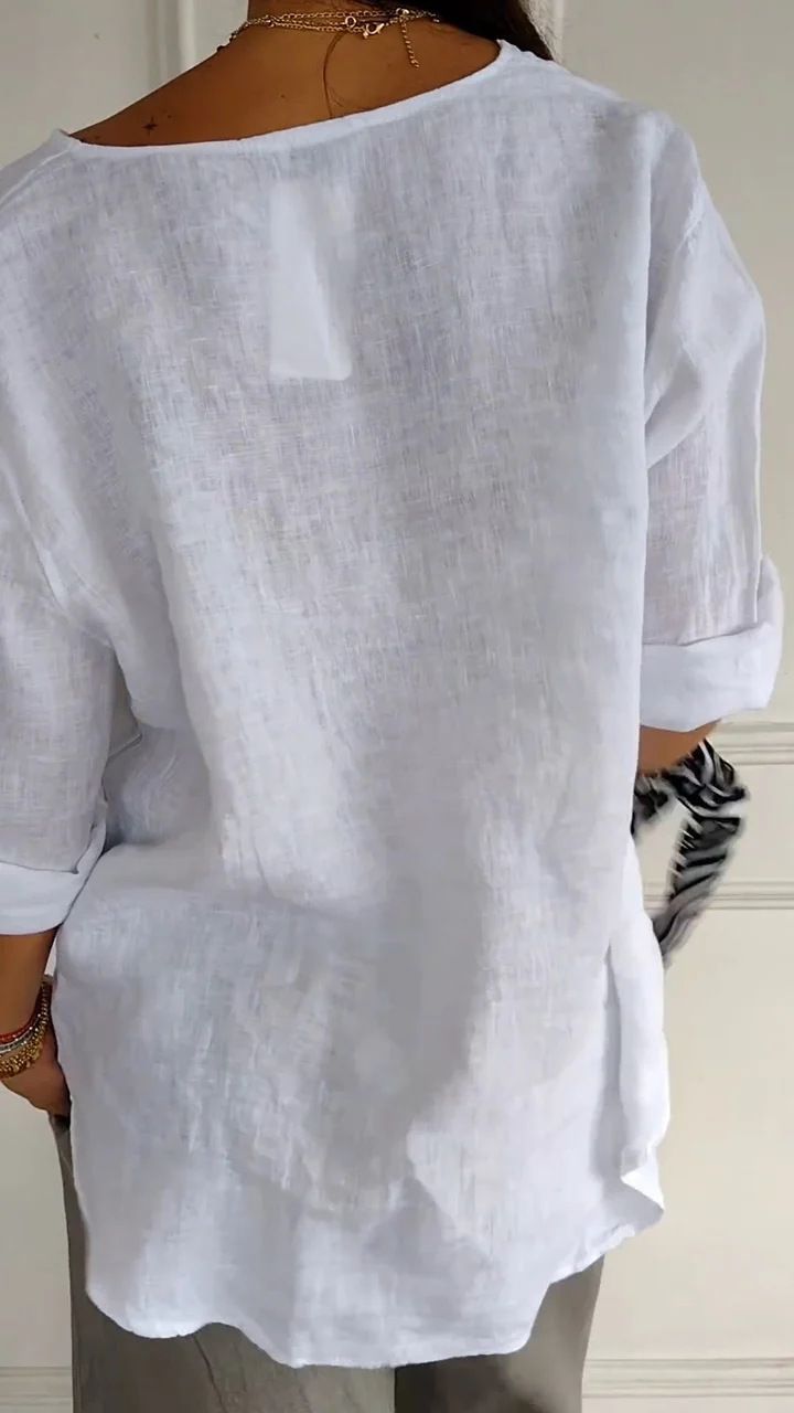 Abbigliamento da donna estate nuove magliette larghe da donna Top con bottoni in cotone e lino con scollo a V_voghion.com