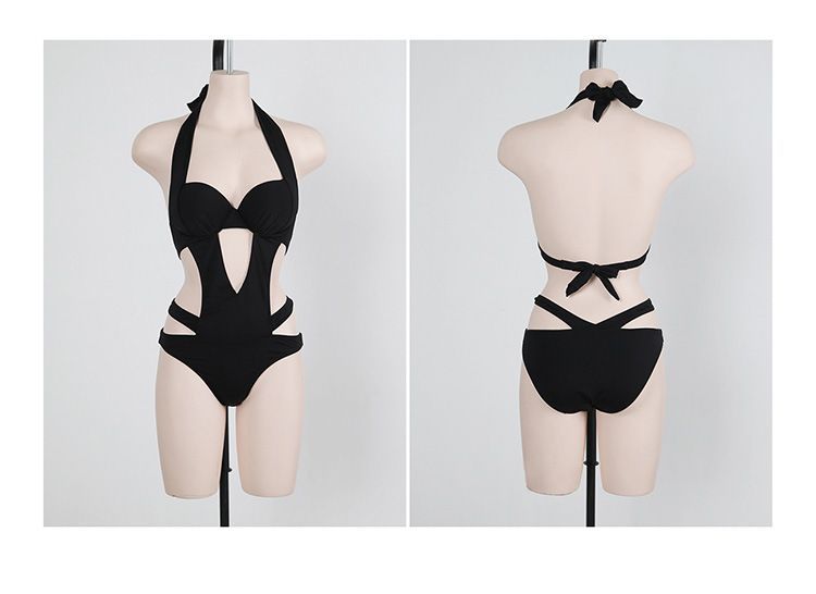 【 2294 People Collection 】 Korean New Sexy Black Hollow Out Chest Steel Holder Gathered Bikini Hot Spring One-piece_voghion.com