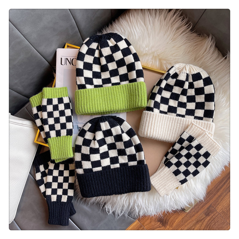 Bonnet tricoté en damier, automne et hiver, écriture féminine, chapeau en laine vert petite herbe, grosse tête, demi-doigt, niche_voghion.com