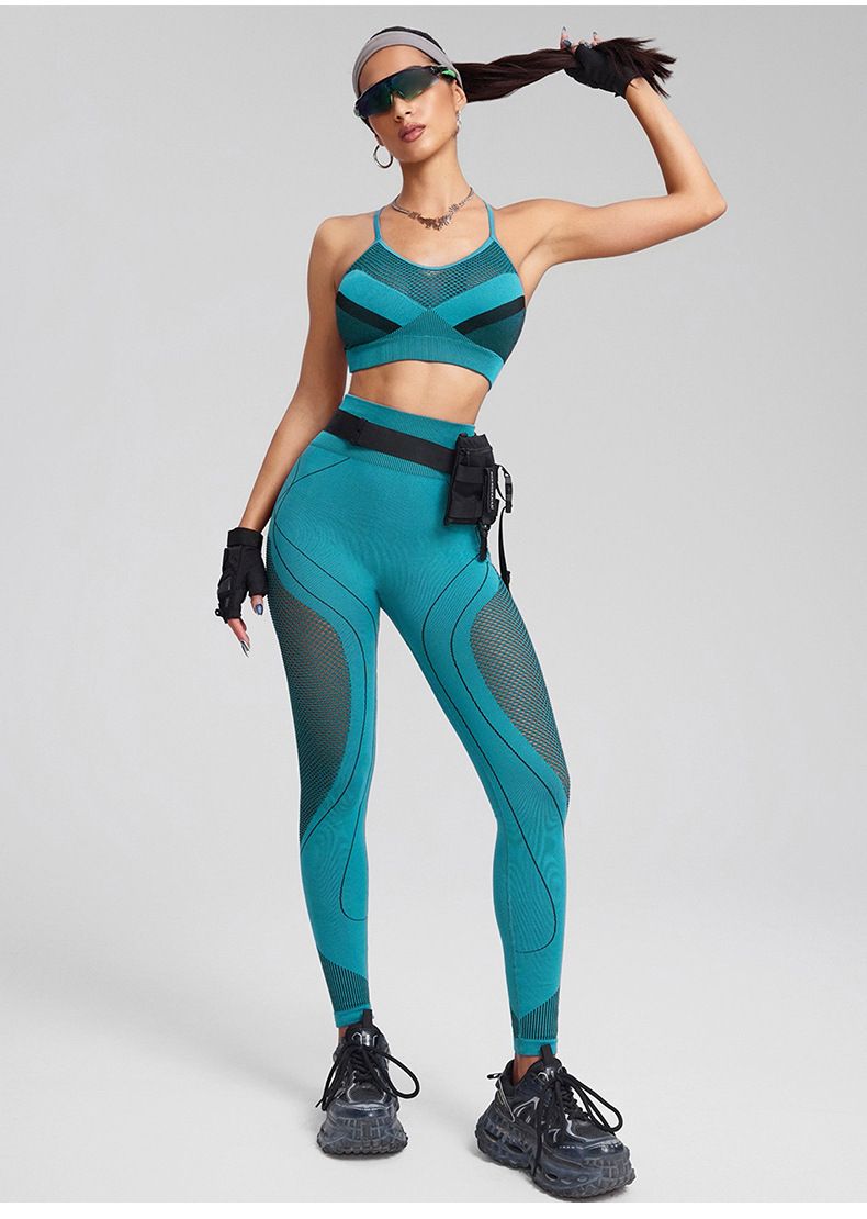 New Seamless Yoga European American Cross-Border Sports High Elasticity With Chest Pad Tank Top And Mesh Long Pants Set_voghion.com