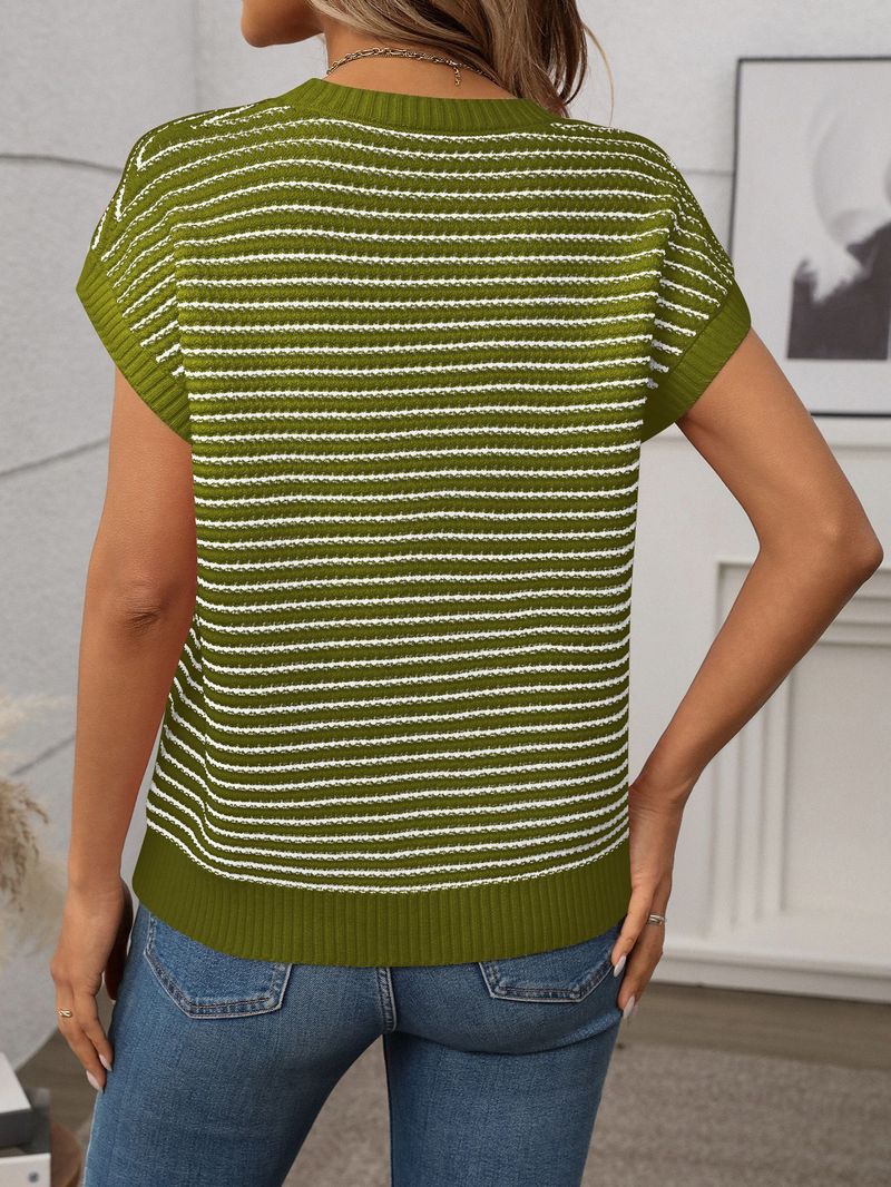 Suéter feminino casual listrado de malha, gola redonda, boêmio, solto, com detalhes em crochê, manga 3/4, pulôver_voghion.com