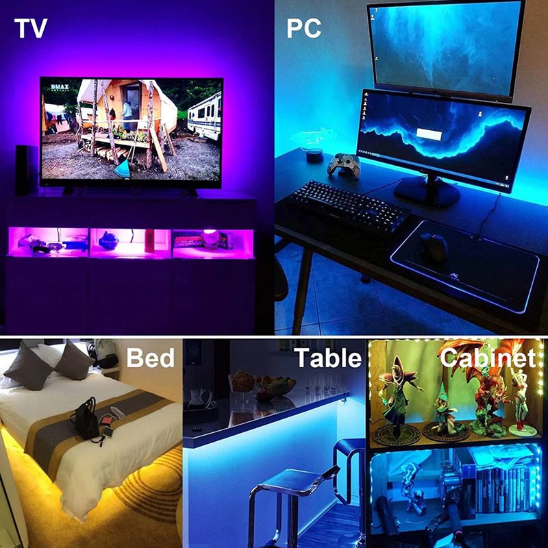Tira de luces LED RGB de 5 V - SMD 5050, 60 LED/m, aplicación Bluetooth y control remoto, alimentación por USB, resistente al agua IP65, luz flexible_voghion.com