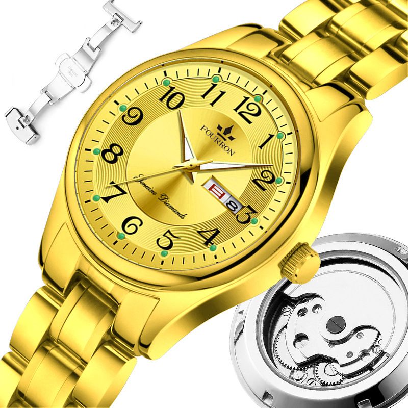 FOURRON Women's Watch Butterfly Clasp Transparent Hollow Double Calendar Luminous Waterproof Quartz Steel Band_voghion.com