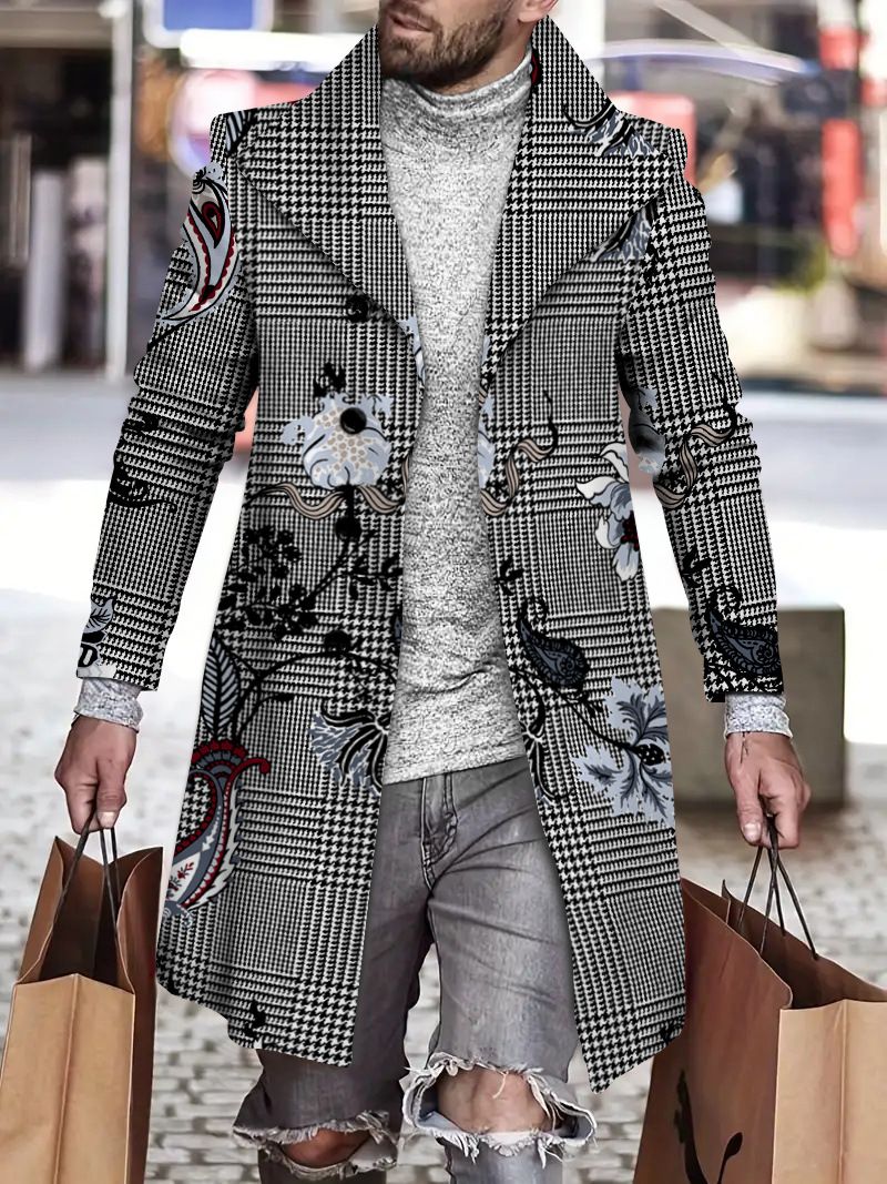 Men's Coat - New Fall/Winter Style Woolen Stand Collar Mid-Length Printed Casual Coat_voghion.com