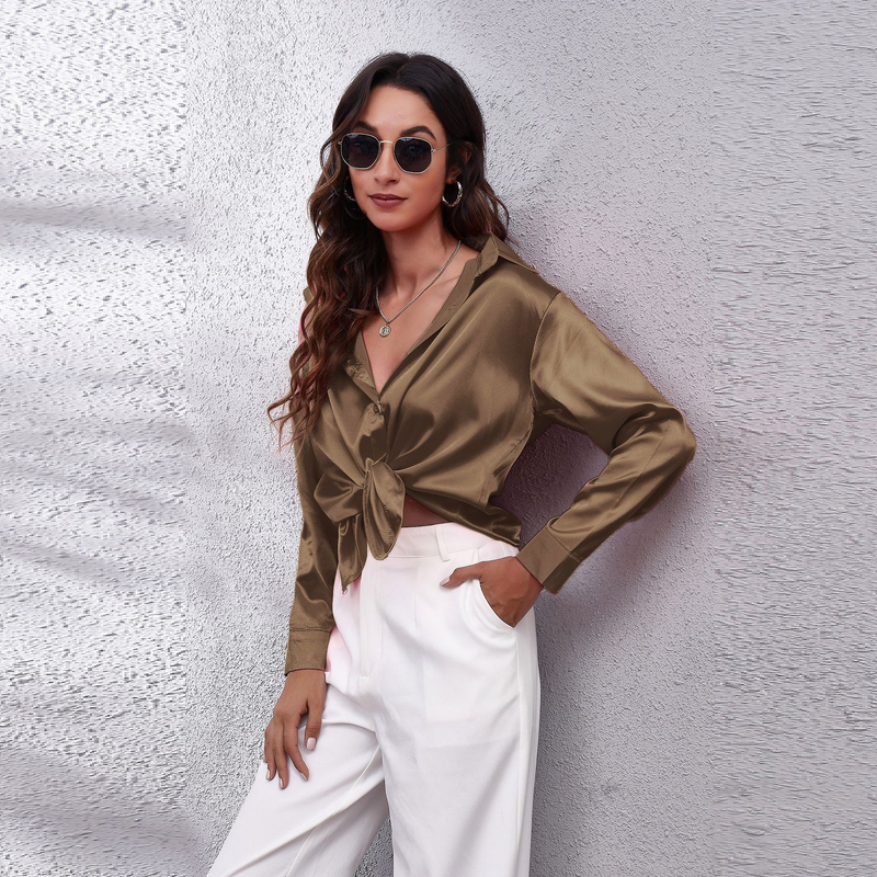 Women's clothing color D shirt satin silk imitation long sleeve shirt_voghion.com