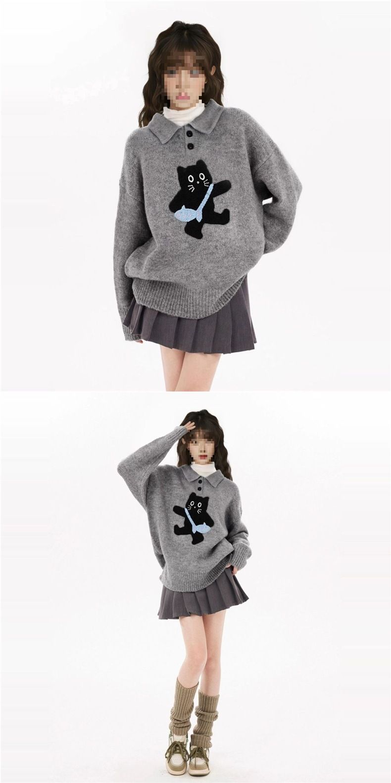 Pull-over gris à col rabattu pour femme, maille épaisse et ample style décontracté, idéal pour l'automne et l'hiver_voghion.com