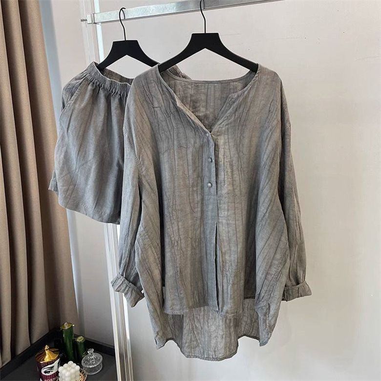 Abbigliamento da donna Camicia retrò in cotone e lino Design ampio Camicia estiva grigia Vita elastica Abito corto in due pezzi_voghion.com