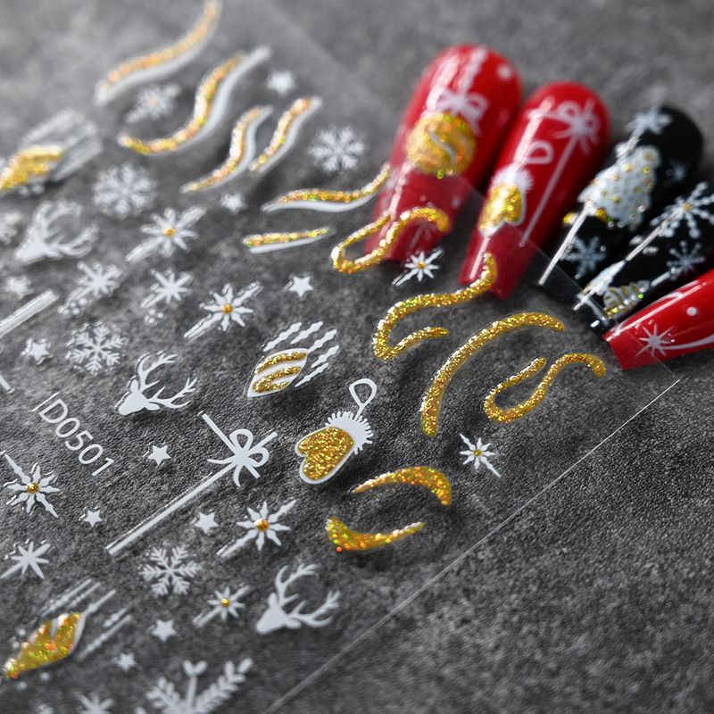 Adesivi per unghie a forma di fiocco di neve natalizio - Glitter oro e argento | Adesivi per unghie 3D luccicanti, luccichio di lusso per Natale_voghion.com