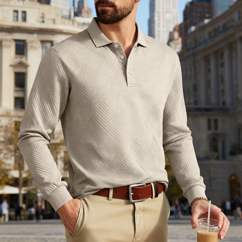 Langarm-Poloshirt mit strukturierten Streifen für Herren – Herbst-Strickoberteil mit entspannter Passform, asymmetrischem Design und knitterfreiem Stoff_voghion.com