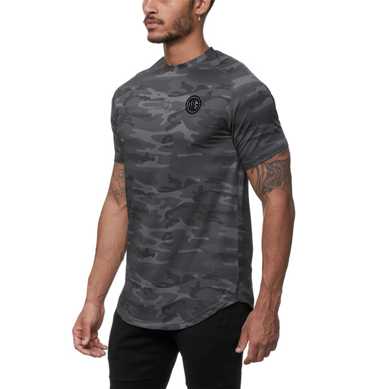 Mallas deportivas, traje de fitness de manga corta para hombre, de secado rápido y transpirable, top de camuflaje para entrenamiento de carrera, verano_voghion.com