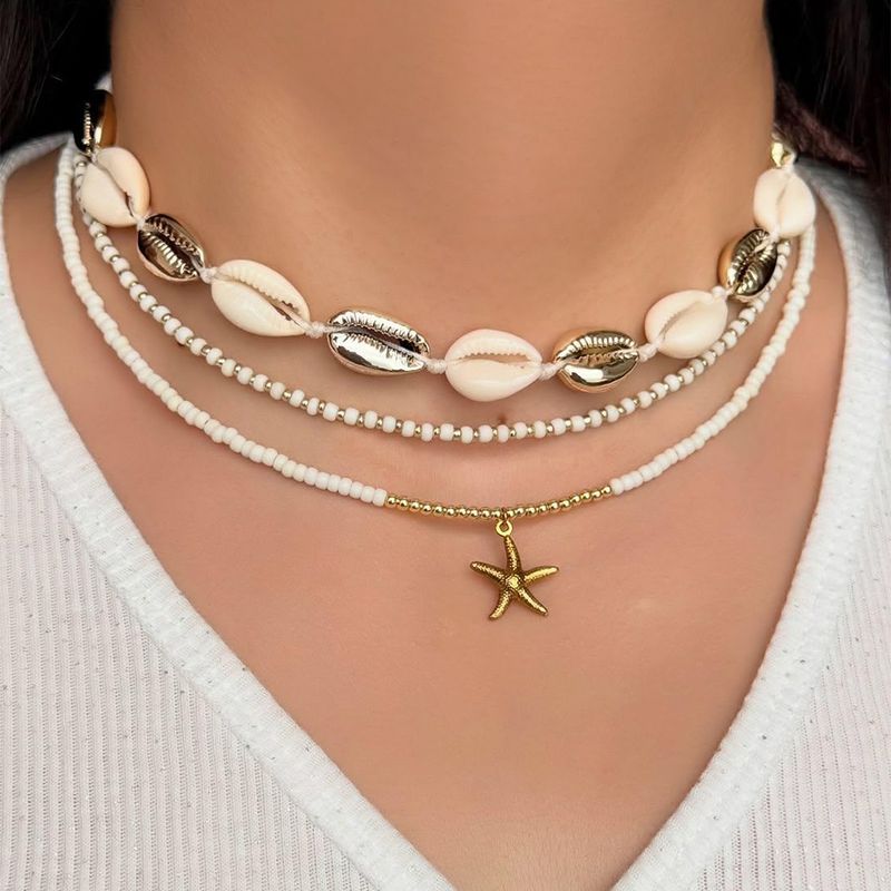 Chain Necklace Pendant Necklace Summer Ocean Beach Style Shell Set Bohemian White Rice Bead Necklace Collarbone Chain_voghion.com