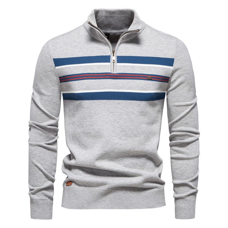 Herrenpullover Halbreißverschluss Strickpullover Lässiges gestreiftes Herrenoberteil_voghion.com