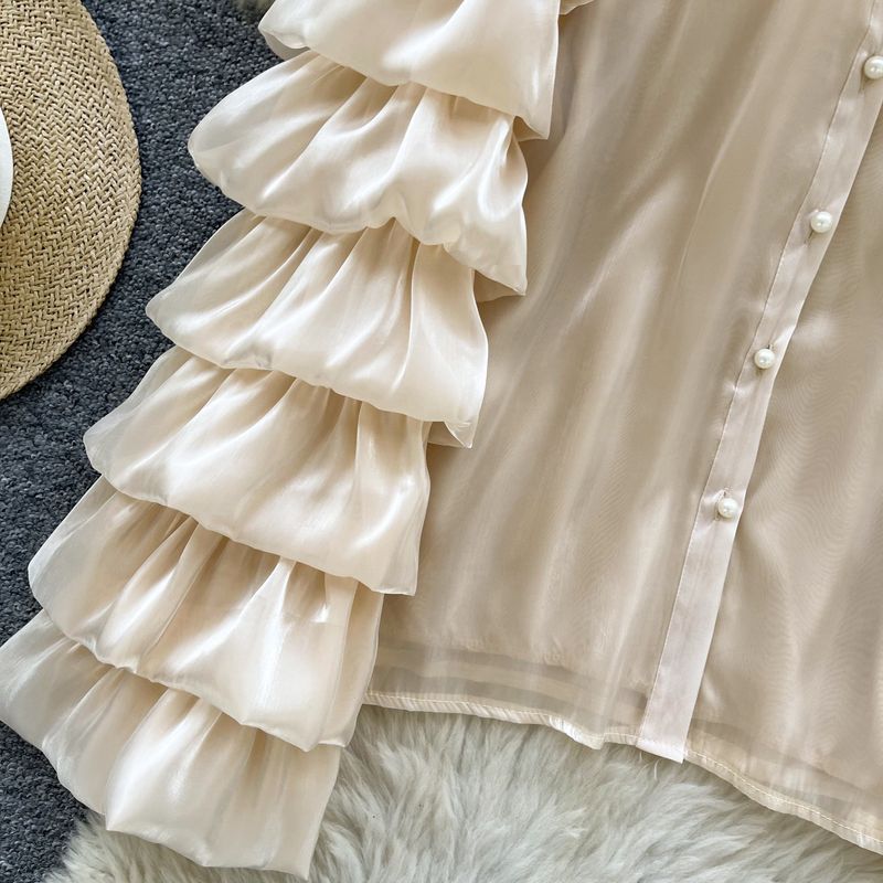 Women’s Clothing French High End Lady Layered Ruffled Long Sleeved Shirt Female Fashionable All Match Streamer Satin Top_voghion.com