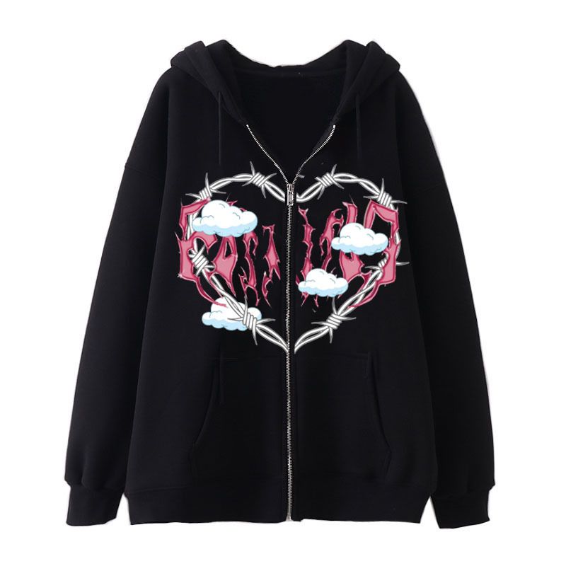 Herrenbekleidung Spot Direct Hair Fleece Damen Langarm-Kapuzenpullover mit Reißverschluss Herzförmiger Wolkendruck-Kapuzenpullover_voghion.com