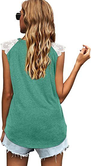 Women's summer ladies stitching flying sleeves eyelash lace top loose vest T-shirt_voghion.com