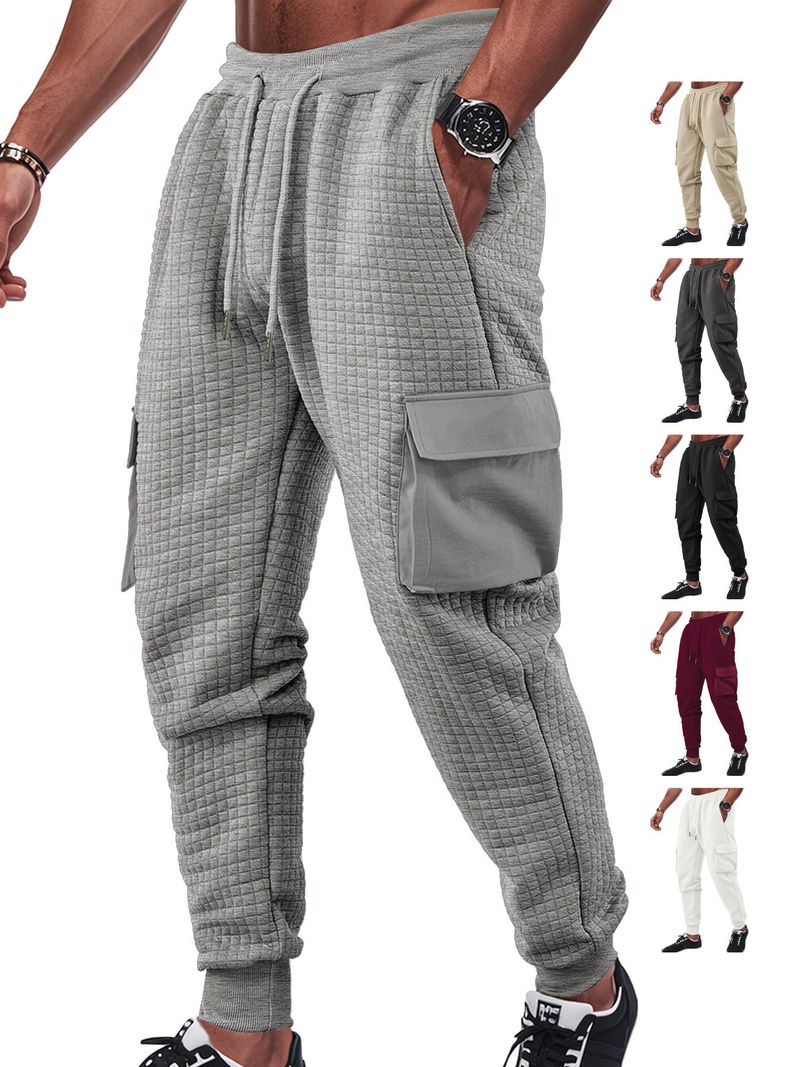 Men's Spring And Autumn New Thickened Multi-Pocket Jacquard Checkered Casual Cargo Pants_voghion.com