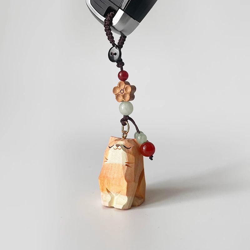 Hand Carved Wood Carved Orange Cat Shiba Inu Mi Ping An Six Character Mantra Woven Keychain Chain Ring Car Schoolbag Pendant Ornament_voghion.com
