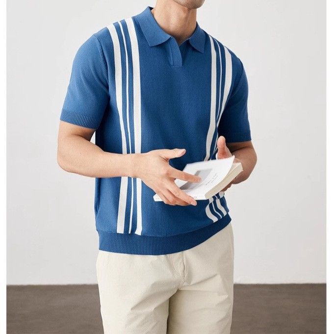 Kurzarm-Poloshirt in Kontrastfarbe für Herren im Sommer, High-End-Slim-Fit, Business Casual, T-Shirt aus Eisseide mit halblangen Ärmeln und gestricktem Revers_voghion.com