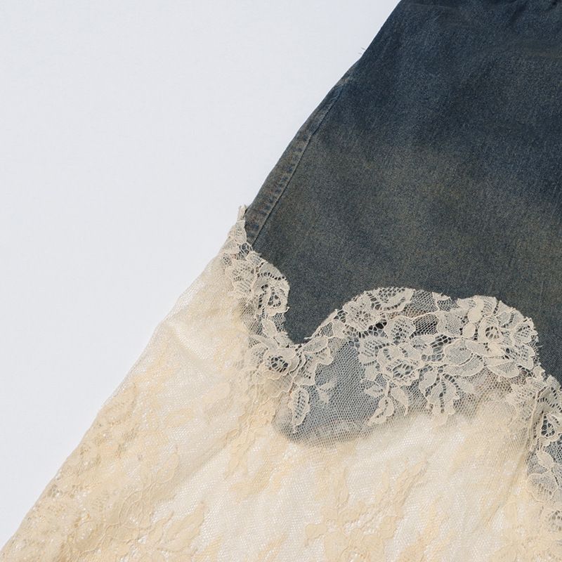 Damenbekleidung Mode sexy Hot Girl Style Sommer neue Spitze Spleißen Hosenträger Top + Kordelzug Denim Mode Shorts_voghion.com