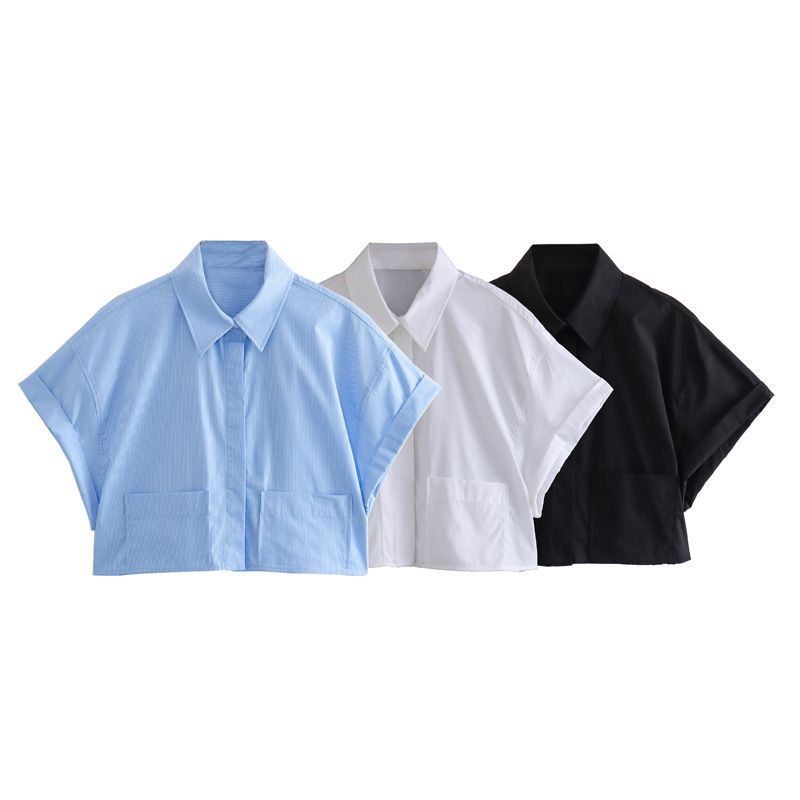Camicia estiva in popeline con decorazione a tasca corta e larga in stile europeo e americano_voghion.com