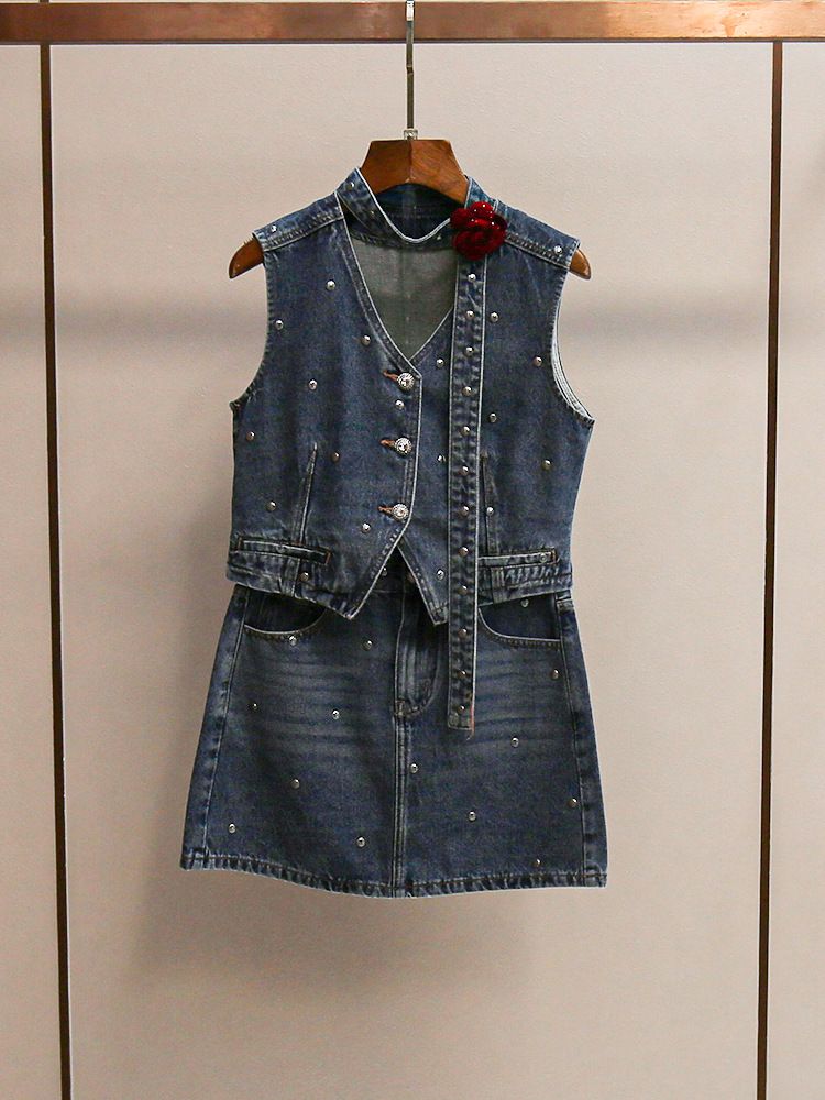 Shenzhen Nanyou Lüks Kadın Fransız Moda Gül İşlemeli Yelek + Kot Etek Takımı Kadınlar İçin_voghion.com