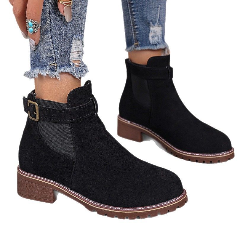 Schwarzer Martin Herbst Winter Neue große Slip-On-Kurzstiefel mit runder Spitze und quadratischem Absatz, mittelhohe Stiefel, Damenschuhe_voghion.com