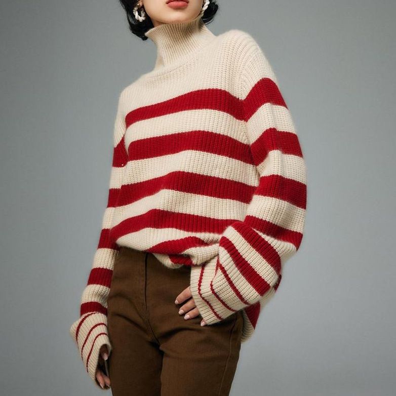 Gestrickter Damenpullover im Herbst und Winter, neues Produkt, koreanischer gestreifter Lazy-Style, warmer, halbhoher Halsausschnitt, lockerer Pullover_voghion.com