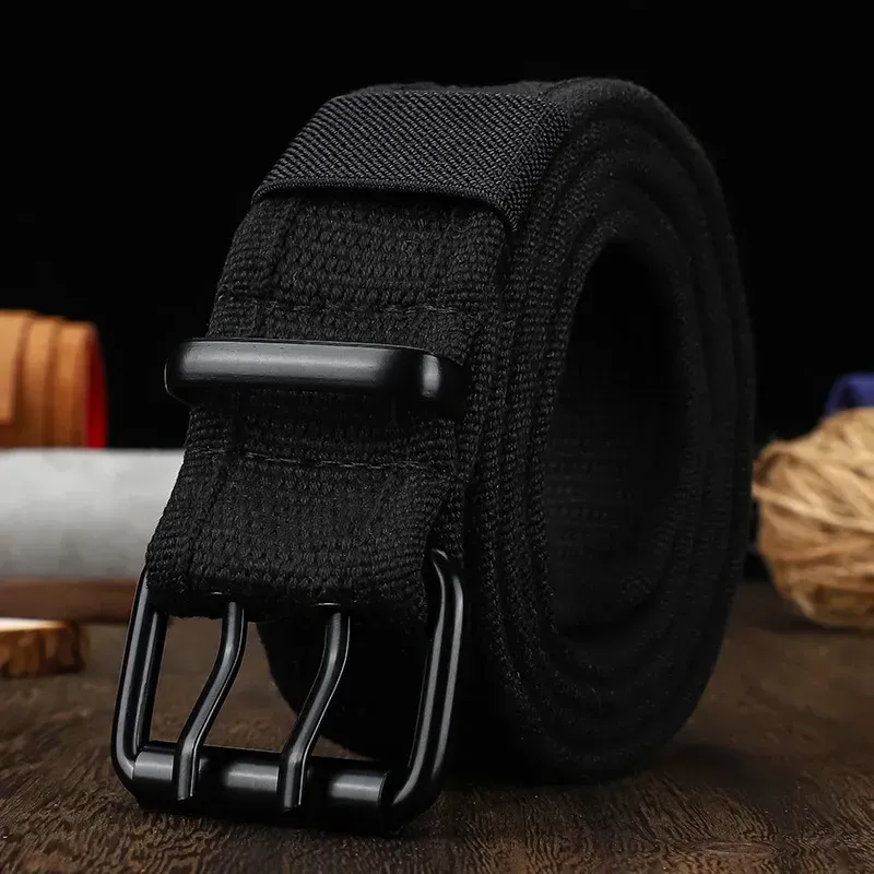 Mens And Womens Double Button Canvas Waistband Work Style Full Hole Needle Buckle Belt Sturdy Durable Jeans For Student_voghion.com