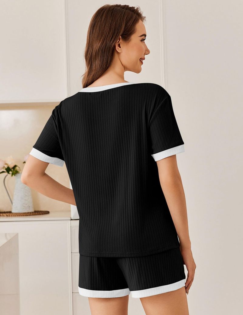 Kadın Giyim Yaz Yeni Düz Renk Çukur Çizgili Renk Uyumlu Pijama Kısa Kollu Ev Giyim Takımı_voghion.com
