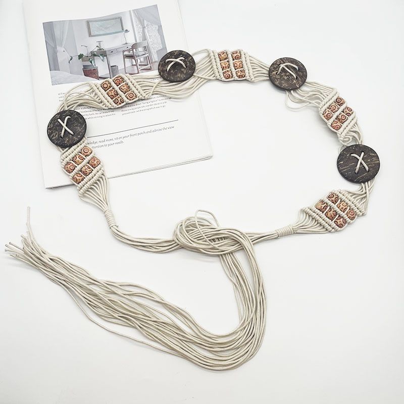 Ceinture de pantalon en corde tissée à la cire pour femme, style ethnique unique, tendance, perles, coquillages de noix de coco, pompon_voghion.com