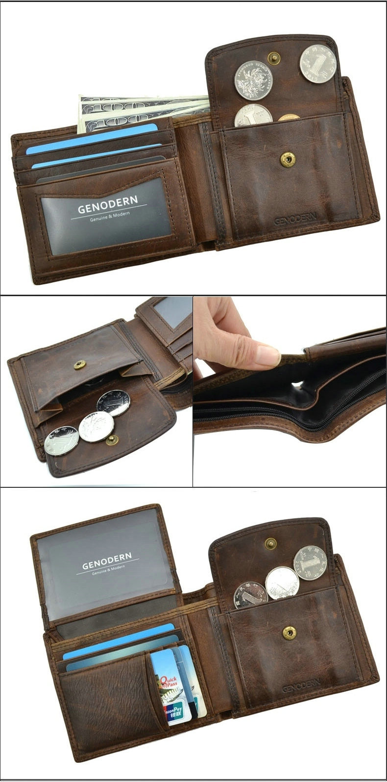 GENODERN Cow Leather Men Wallets with Coin Pocket Vintage Male Purse RFID Blocking Genuine Leather Men Wallet with Card_voghion.com