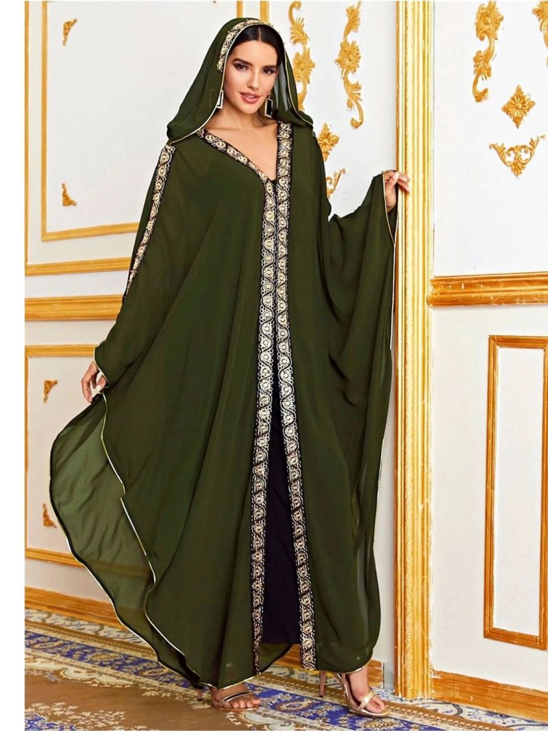 Abbigliamento da donna, vestaglia in chiffon ricamata, scialle musulmano, mantello con cappuccio, manica a pipistrello, camicetta_voghion.com