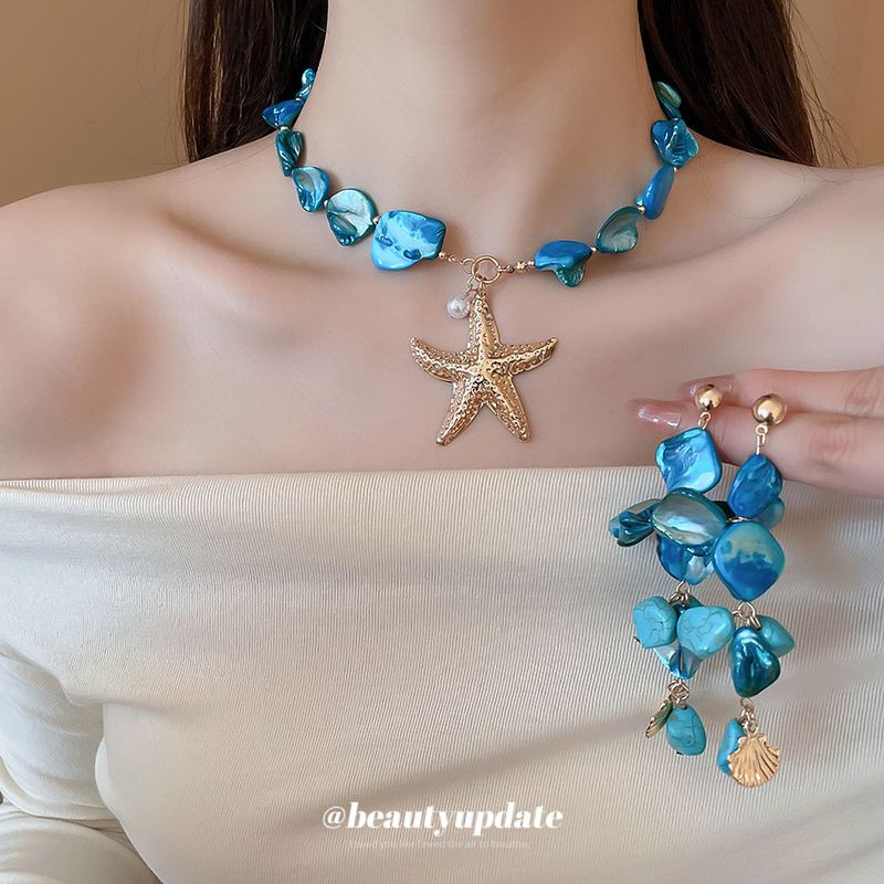Unregelmäßige Muschel, Seestern, Perlenkette, Armband, Ring, Strandurlaubsstil, Schlüsselbeinkette, leichter Luxus,_voghion.com
