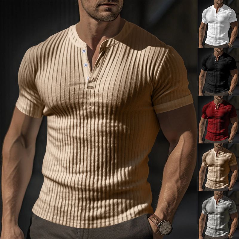 Abbigliamento da uomo T-shirt slim a maniche corte con scollo a V e bottoni casual in tinta unita_voghion.com