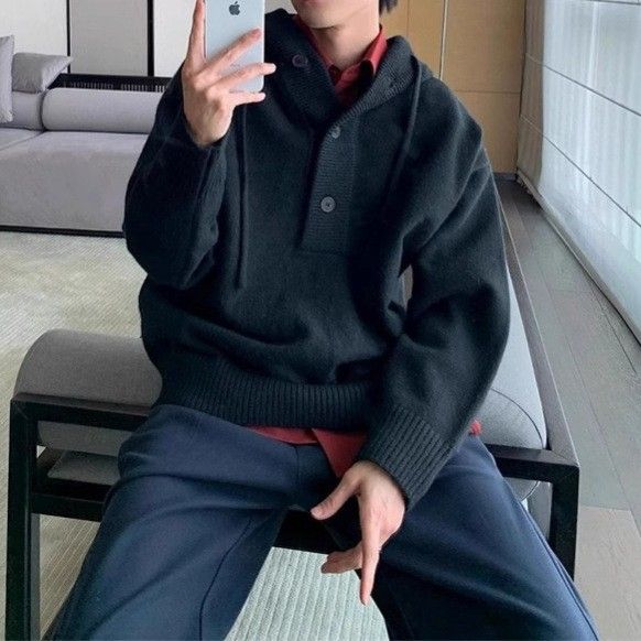 Winter Half Cardigan Hooded Pullover Sweater Men's Korean Style Simple Solid Color Loose Casual Versatile Knitted Top_voghion.com