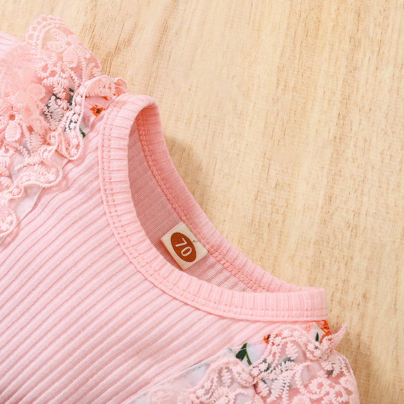 European And American Style Autumn And Winter Style Baby Cotton Ribbed Long Sleeves Lace Edge Flower Print Skirt Baby Girl Jumpsuit_voghion.com