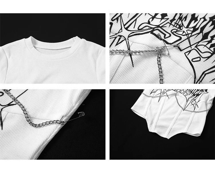 Sexy Slim Fit Cropped Short Sleeved T-shirt For Women's Summer Style Base, Designed With A Metallic Chain Print Top_voghion.com