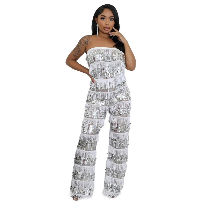 Conjunto de top corto sin tirantes y pantalón ancho: un conjunto sexy y chic de dos piezas para mujer_voghion.com