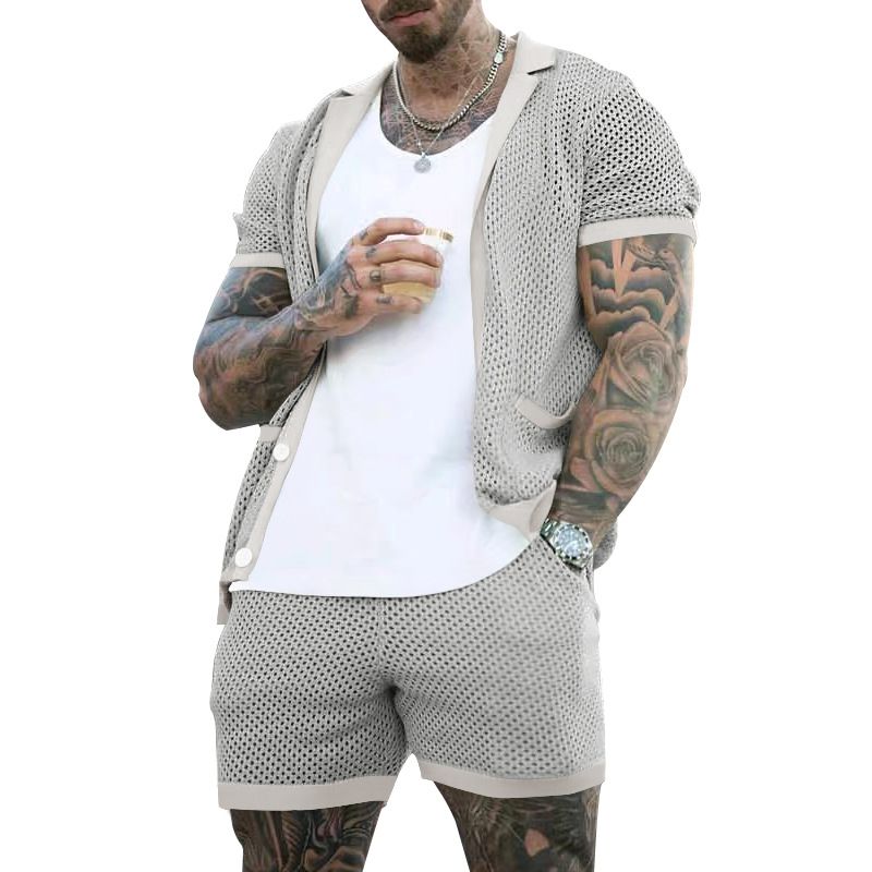 Herrenbekleidung Herrenmode aushöhlen durchsichtig cool lässig dünne Oberbekleidung Herren Kurzarm Shorts Set_voghion.com