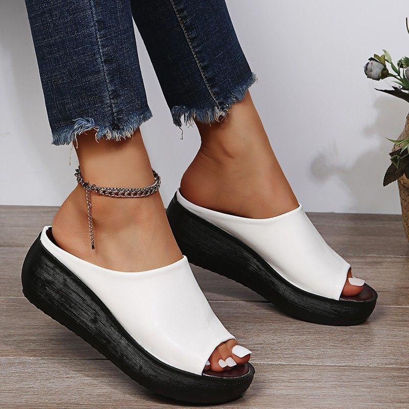 Summer Ladies Leather Sole Slippers Women Sexy High Heel Clogs Black Peep Toe Platform Mules Emal Slip On Sandals Shoes_voghion.com