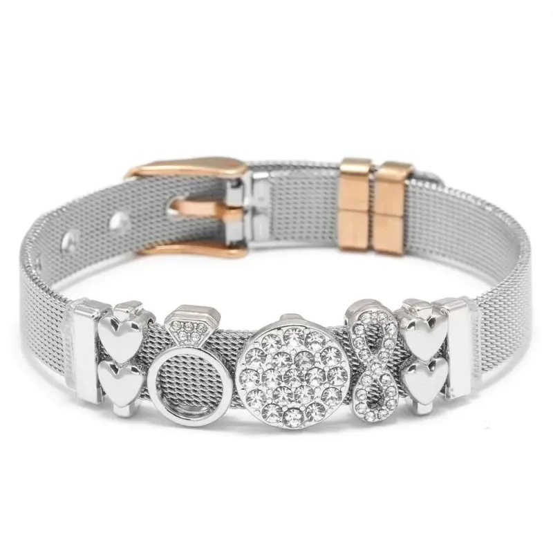 Silver Color Stainless Steel Mesh Original DIY Crystal Crown Heart Beads Keeper Bracelets For Women Men Jewelry Gift_voghion.com