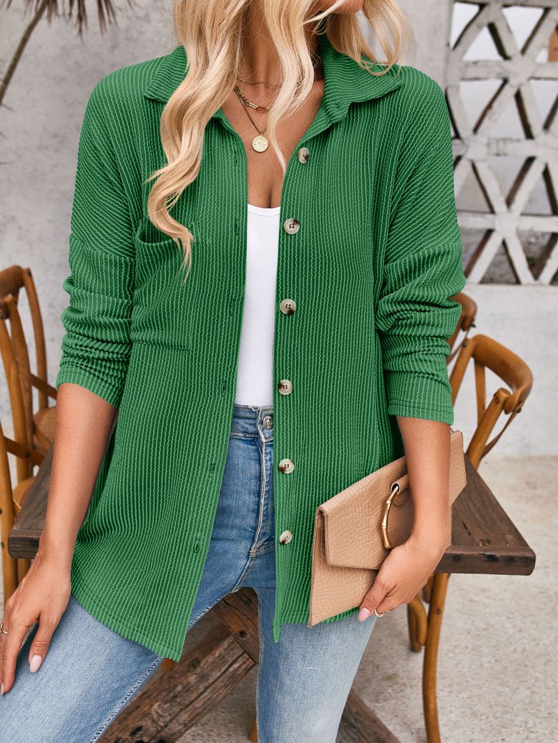 Damenbekleidung neue gestreifte Kontrastfarbe Tasche Langarm Shirt Strickjacke_voghion.com
