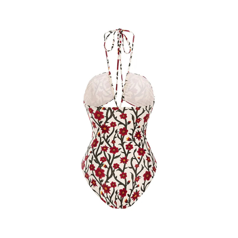 Maillot de bain une pièce rétro à bretelles florales, col licou, costume en mousseline de soie pour femmes_voghion.com