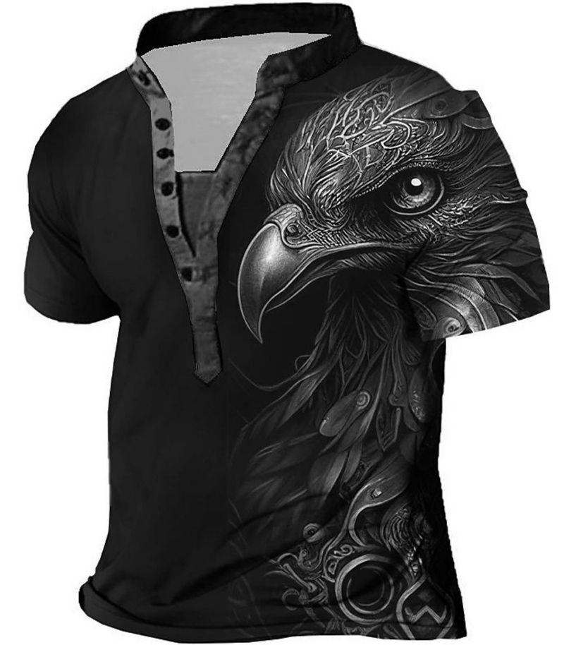 2025d 2025 Summer New Men's Digital Print Turtle Map Youth 6-Button Henley Short Sleeve Shirt_voghion.com