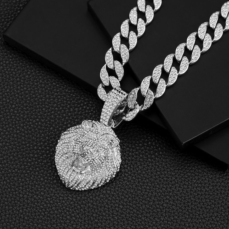 Cool Full Dia Personality Three Dimensional Lion Head Pendant Cuban Necklace Street Hip Hop Style_voghion.com