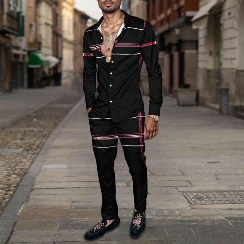 2025 Spring Summer Men Shirt Set Geometry Print Fashion Simple Two Piece Set Mens Gradient Lightweight Party Long Sleeves Suit_voghion.com