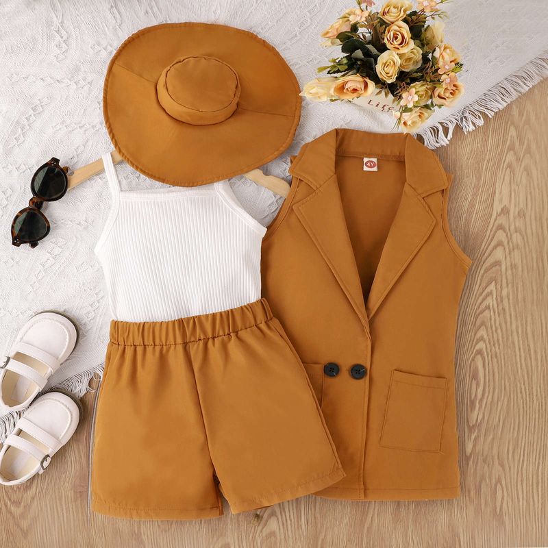 Trendy Spring/Summer Small and Medium School Girl with Sling+Solid Color Sleeveless Suit+Shorts+Hat Set of Four_voghion.com